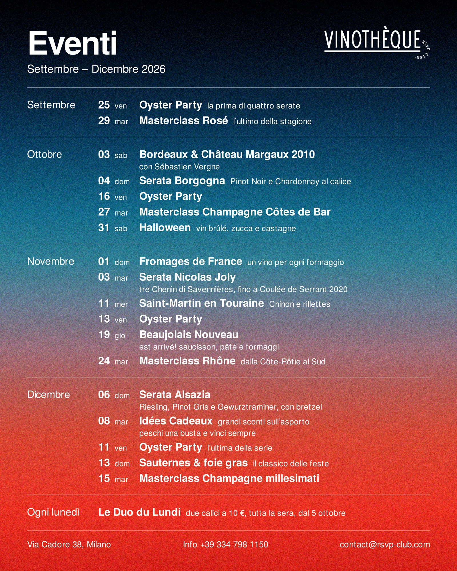 Locandina degli eventi della Vinothèque RSVP, da settembre a dicembre 2026